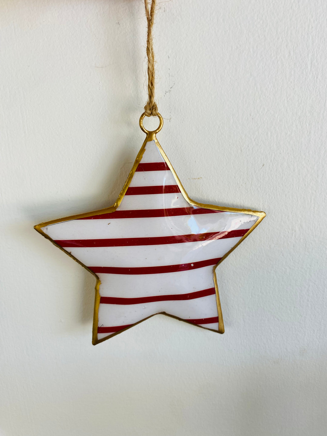 Repurposed Iron Christmas Decoration of White star with Red Stripes